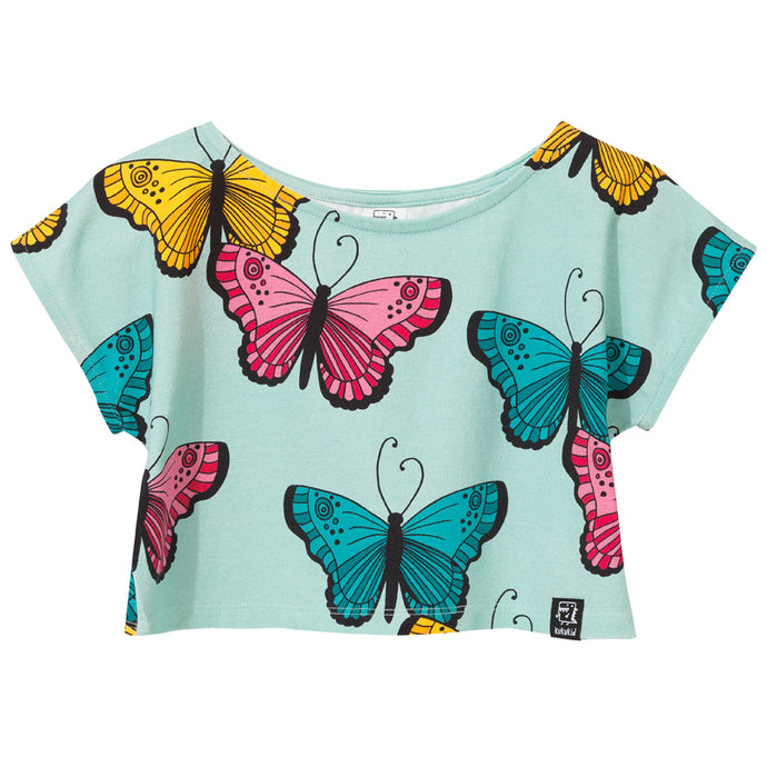 Blue Butterfly Cropped Short Sleeve Shirt