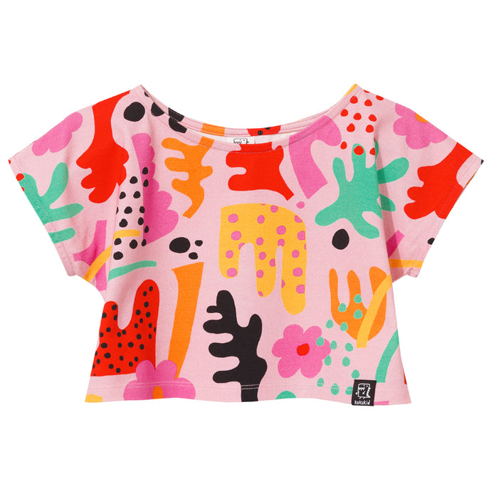 Pink Abstract Cropped Short Sleeve Shirt