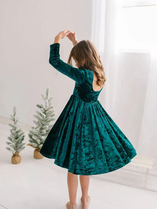 Gwendolyn Dress in Green Crushed Velvet | Girls Dress