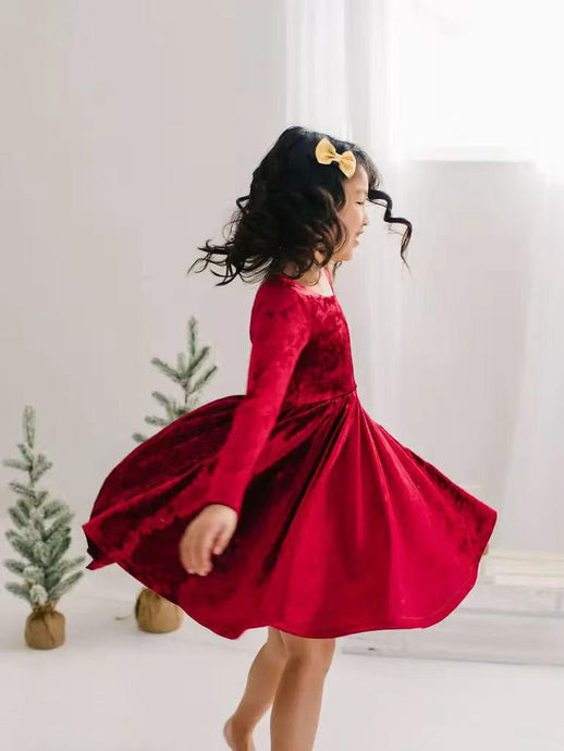 Gwendolyn Dress in Red Crushed Velvet | Girls Dress